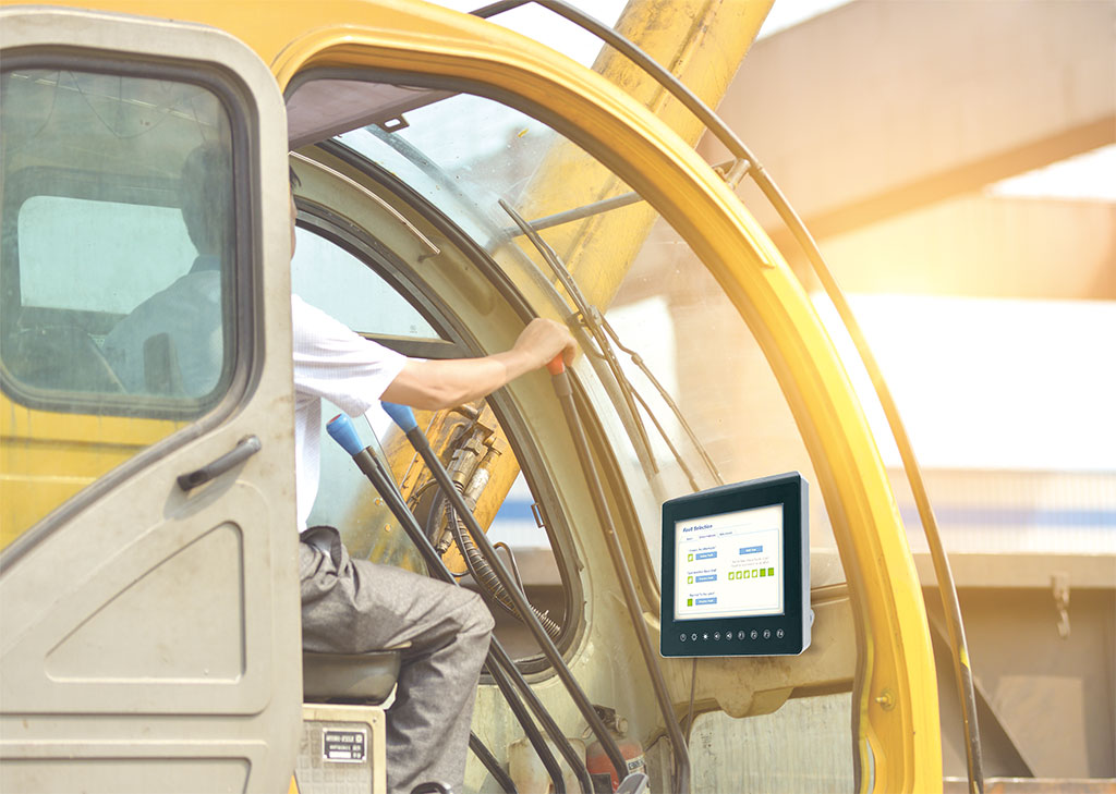 SENOR_A technician drives a forklift to list goods through a POS machine.